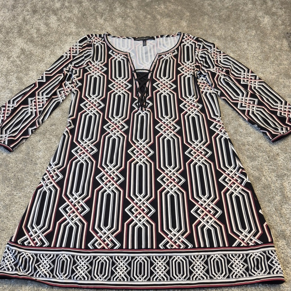 White House Black‎ Market Geometric Lattice Lace Up Tunic Dress Black Pink Med